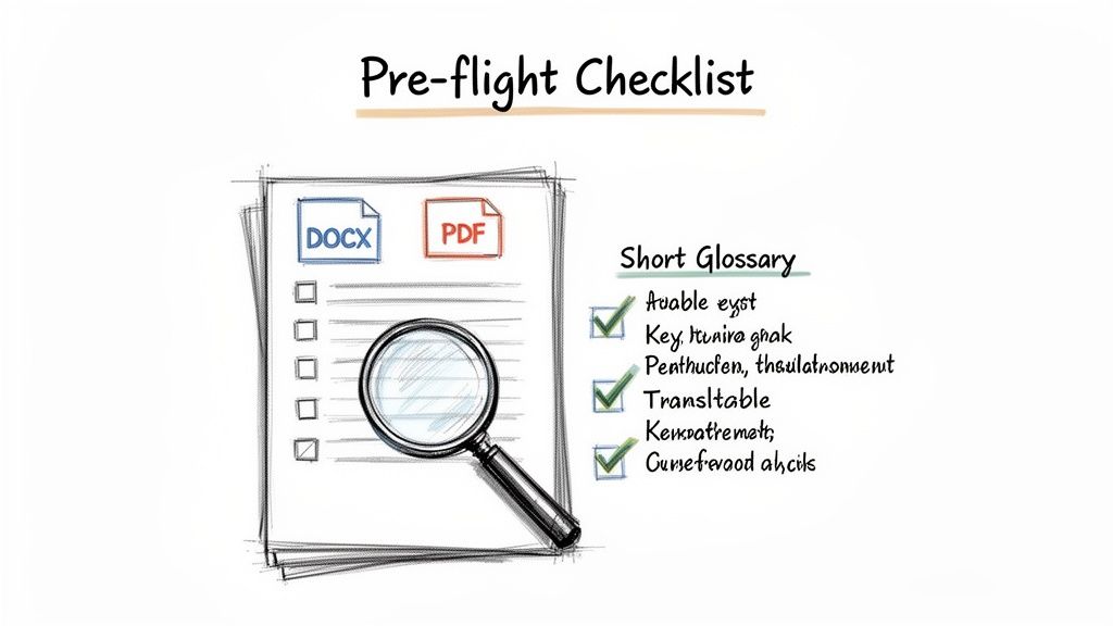 Uma ilustração de lista de verificação de pré-voo com documentos, uma lupa e um glossário com itens marcados.