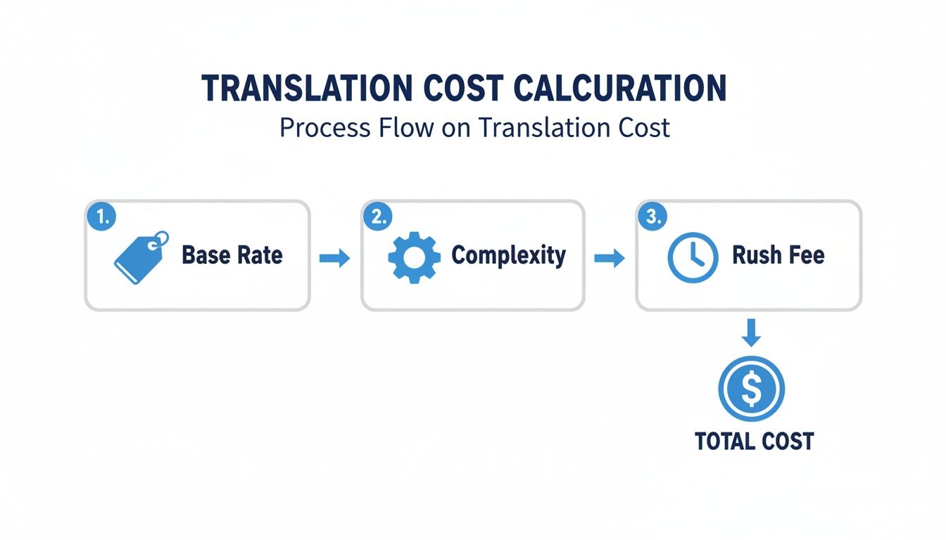 流程图显示翻译成本计算：基础费率、复杂性和加急费用导致总成本。