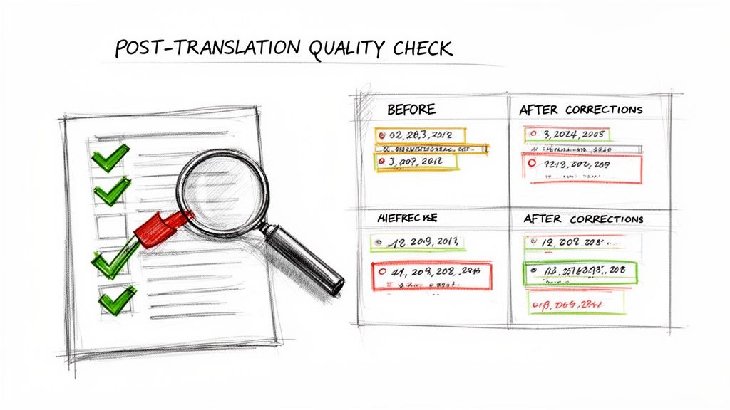 Illustration of a post-translation quality check with a checklist, magnifying glass, and before/after corrections.