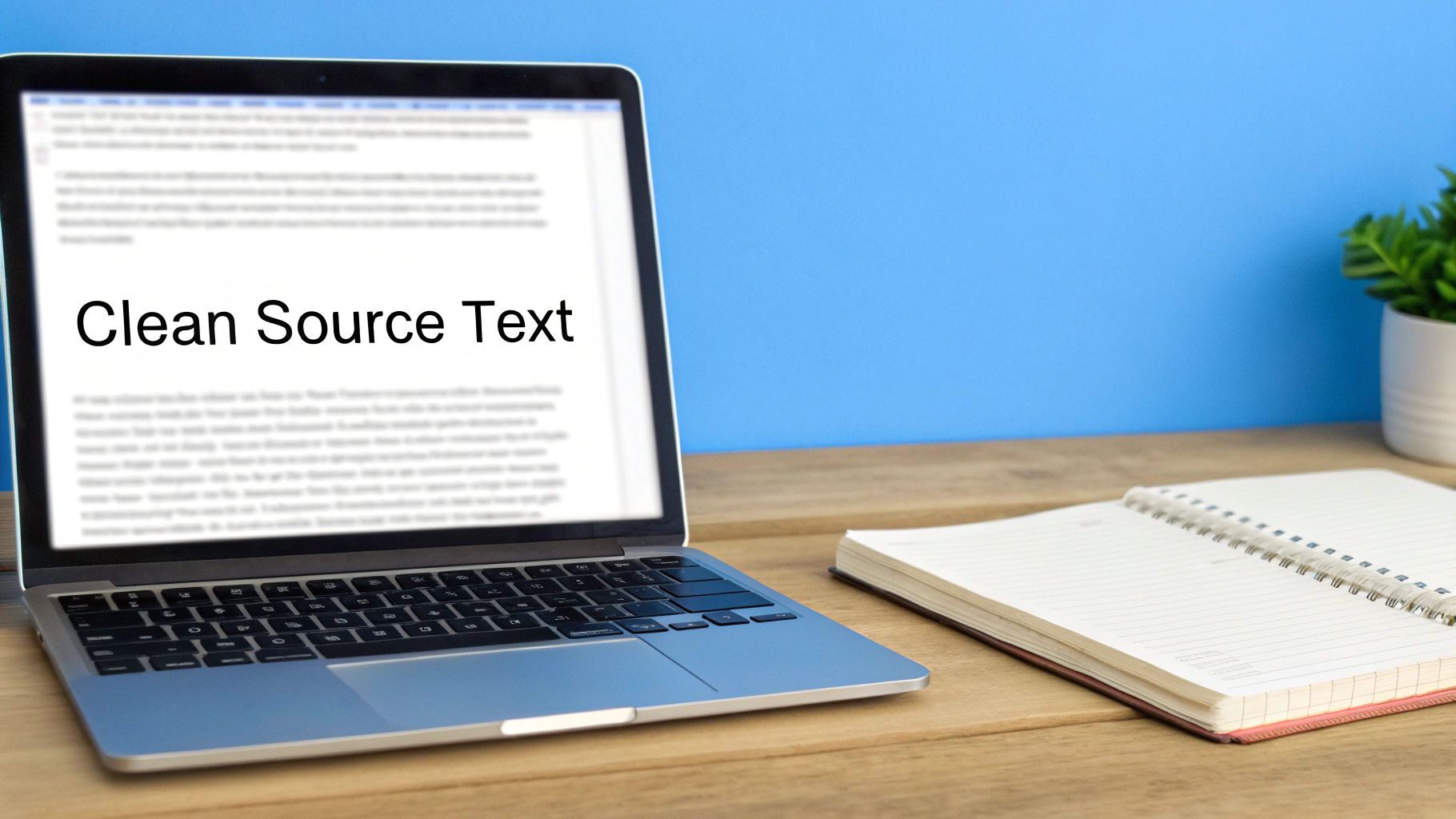 A laptop displaying "Clean Source Text" on its screen, an open notebook, and a plant on a wooden desk.