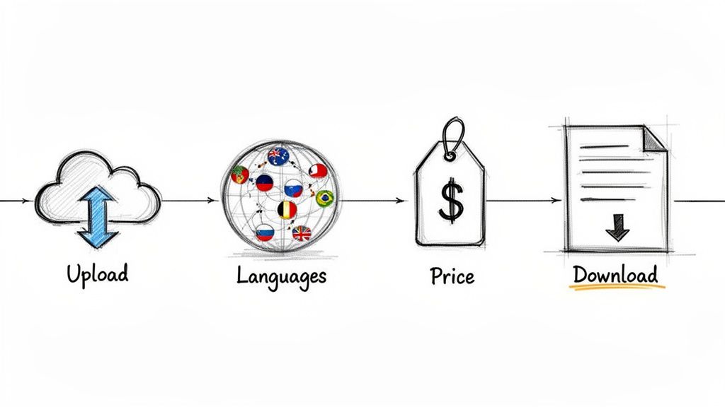 Um diagrama ilustra um processo de quatro etapas: carregar conteúdo, selecionar idiomas, determinar preço e baixar.