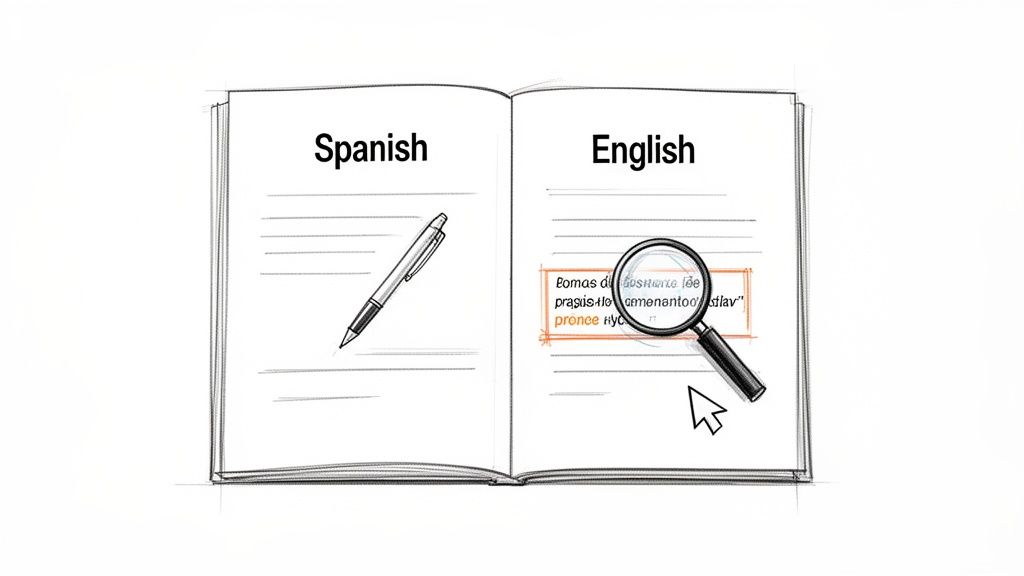 An open book displaying 'Spanish' and 'English' pages, with a pen and a magnifying glass for translation.