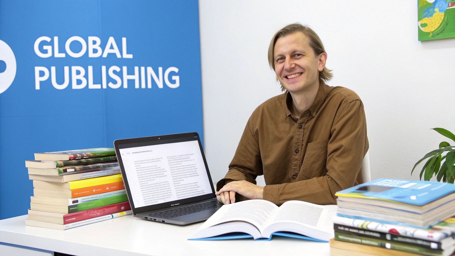 Ein lächelnder Mann mit Büchern und einem Laptop an einem Schreibtisch in einem Büro mit „GLOBAL PUBLISHING