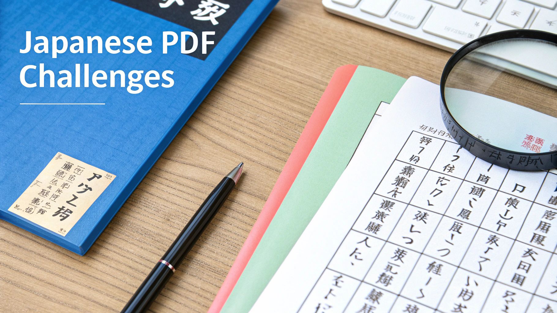 Ein Schreibtisch mit japanischen Büchern, einem Stift und einer Lupe, die sich auf die Herausforderungen der PDF-Übersetzung konzentriert.