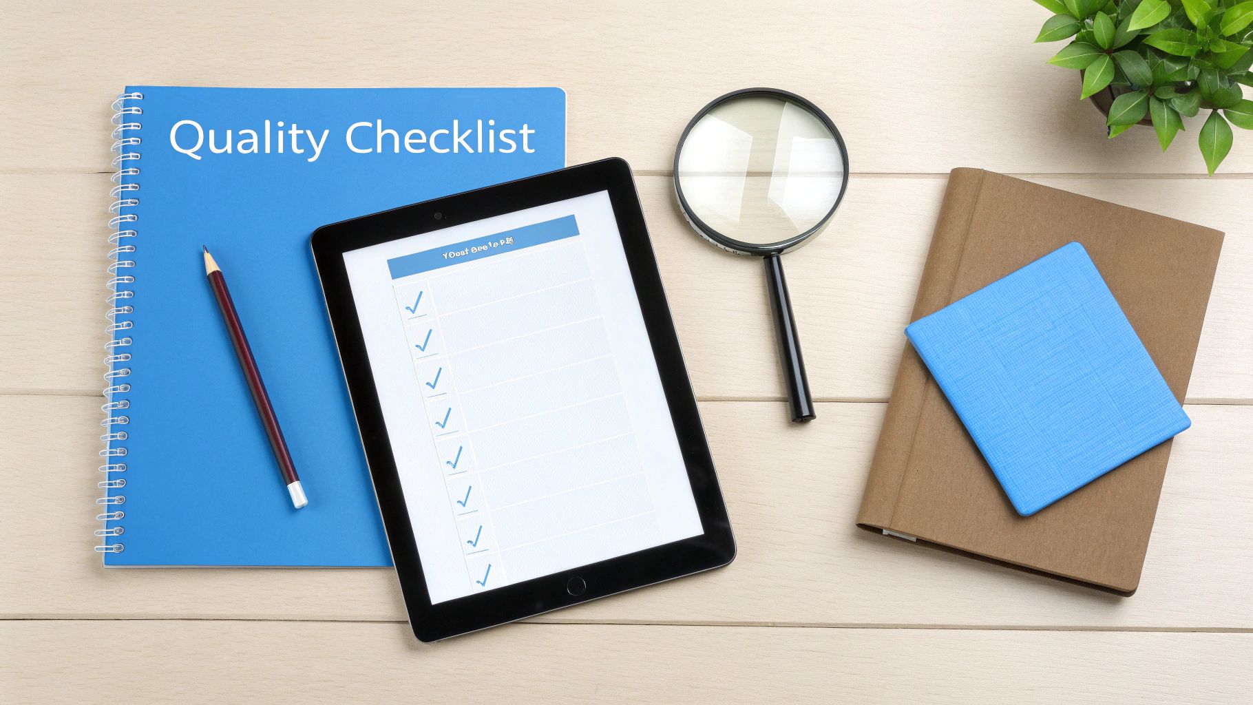 Overhead view of a desk with a 'Quality Checklist' notebook, tablet, magnifying glass, and a plant.