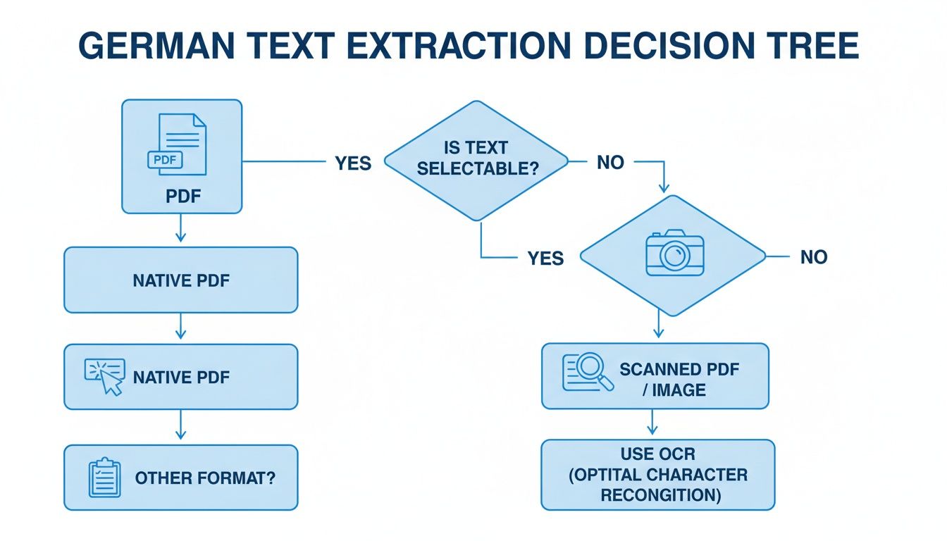 Schemat blokowy drzewa decyzyjnego pokazujący kroki wyodrębniania niemieckiego tekstu z natywnych i zeskanowanych plików PDF.