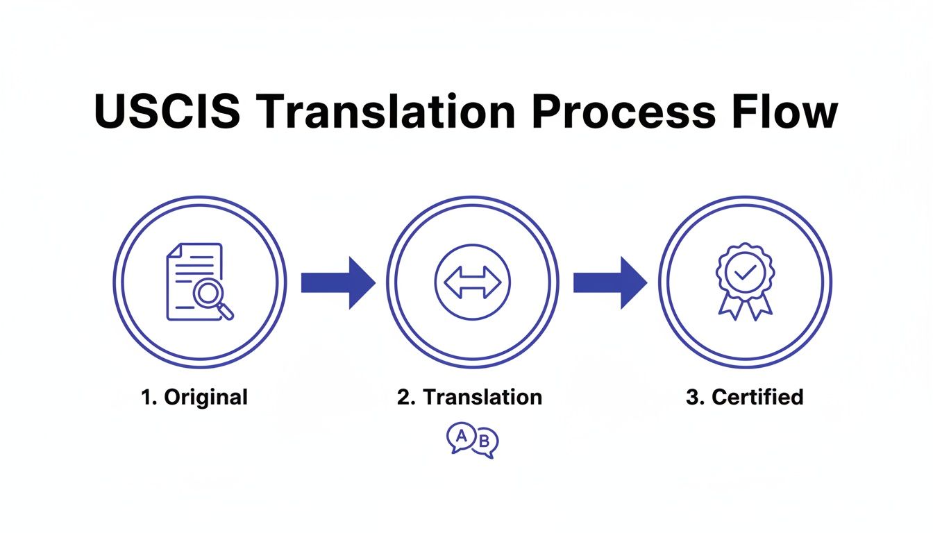 Visualizing the USCIS document translation process flow in three steps: Original, Translation, Certified.