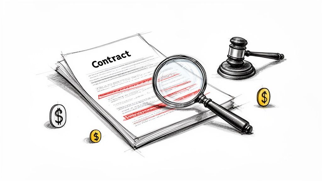 Sketch of a contract document being reviewed with a magnifying glass, gavel, and dollar coins.