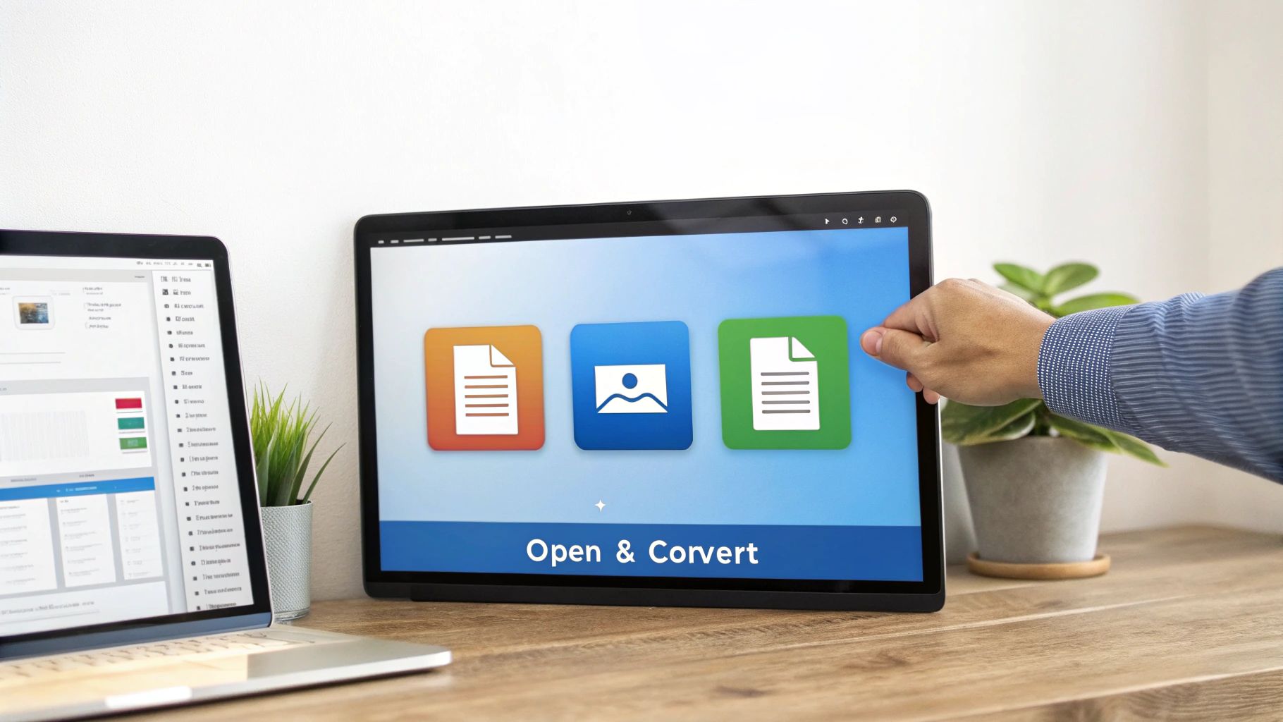 En hand interagerar med en surfplatta som visar filkonverteringsalternativ, bredvid en bärbar dator och växt.