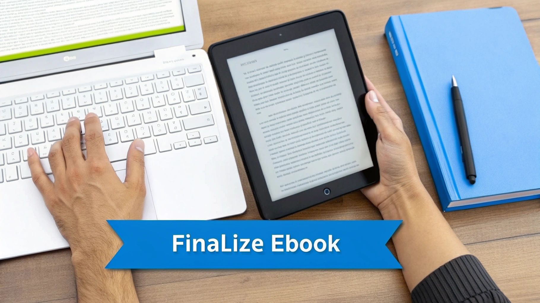 Zwei Personen finalisieren ein eBook, eine tippt auf einem Laptop, die andere hält einen E-Reader, mit einem Notizbuch und Stift in der Nähe.