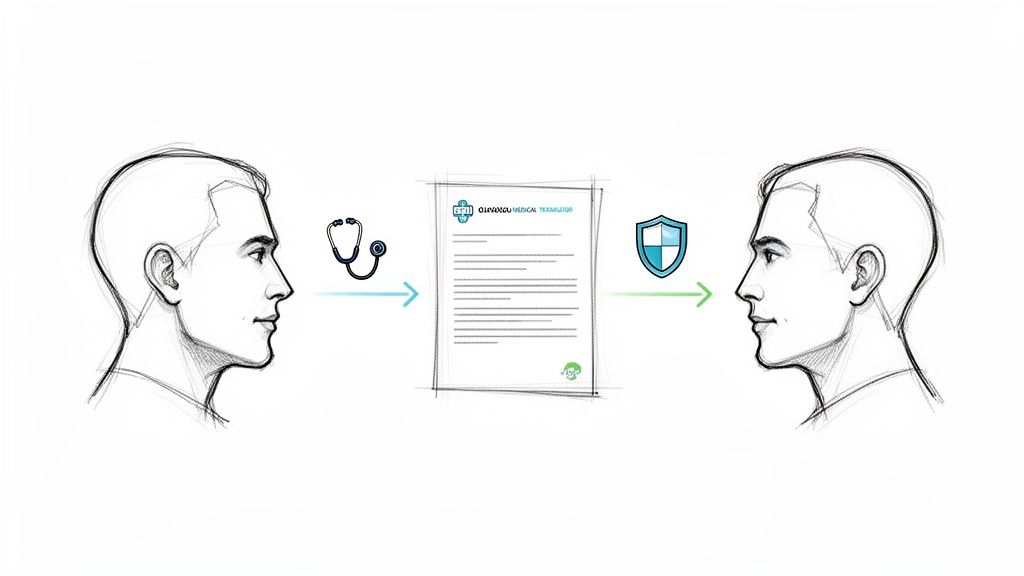 Illustration of secure medical document translation process between two individuals.