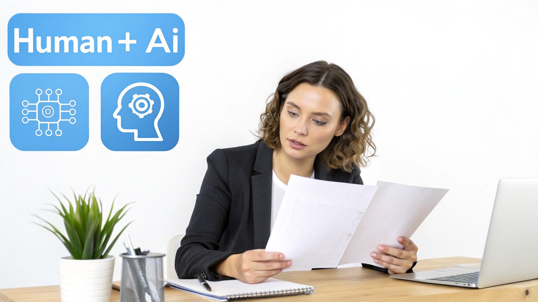 En kvinna granskar dokument vid ett skrivbord, med texten "Human + Ai" och relaterade ikoner.