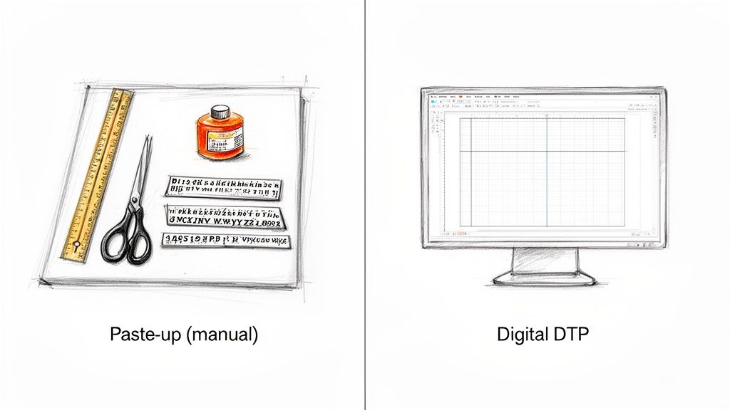 Une comparaison montrant des outils de montage manuel comme des ciseaux et une règle par rapport à un logiciel de publication assistée par ordinateur sur un écran d'ordinateur.