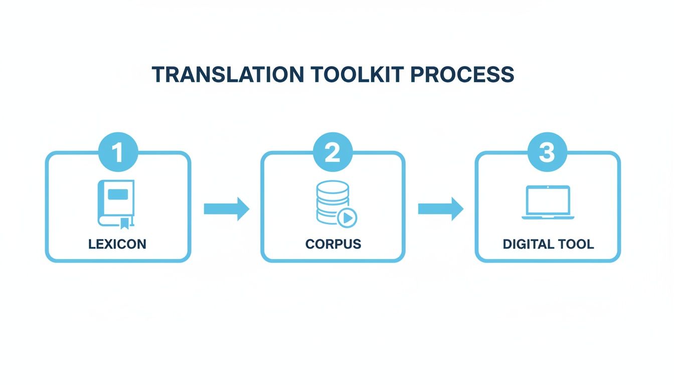 Diagram illustrating the translation toolkit process: Lexicon, Corpus, and Digital Tool steps.