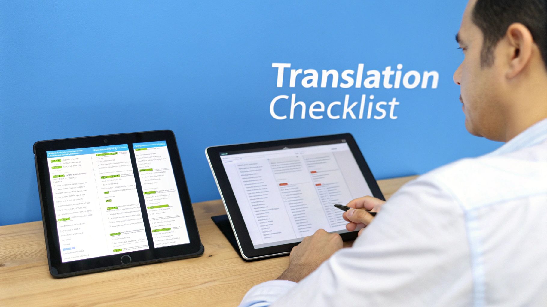 Osoba przegląda listę kontrolną tłumaczenia wyświetlaną na dwóch cyfrowych tabletach ze stylusem.