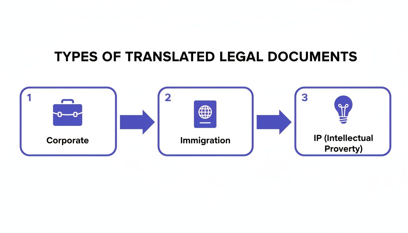 Diagram illustrating three types of translated legal documents: corporate, immigration, and intellectual property.
