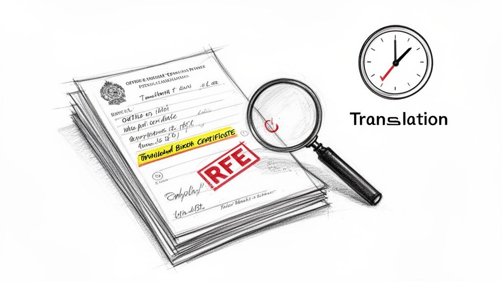 Official documents with RFE stamp, magnifying glass, and clock, symbolizing timely USCIS translation.