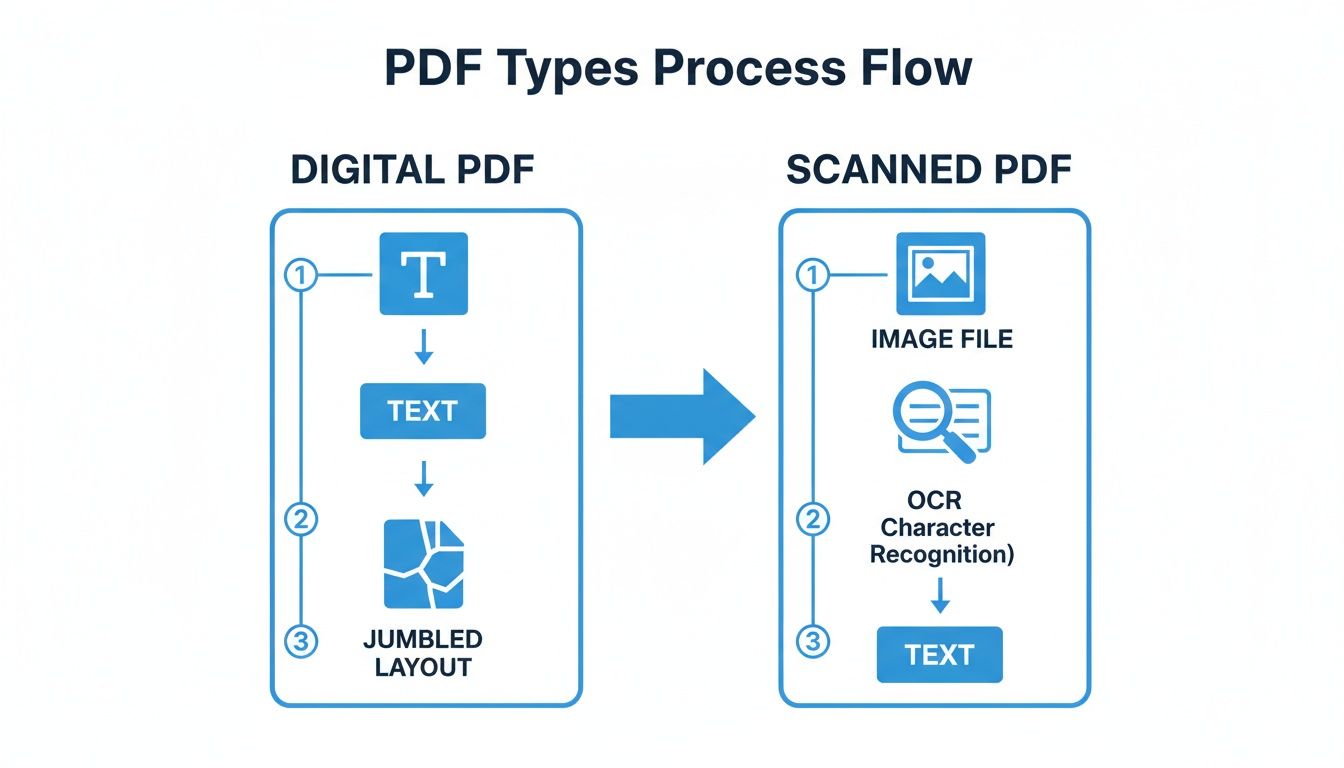 Flödesdiagram som illustrerar skillnaderna i bearbetning av digitala PDF-filer kontra skannade PDF-filer med OCR-teknik.