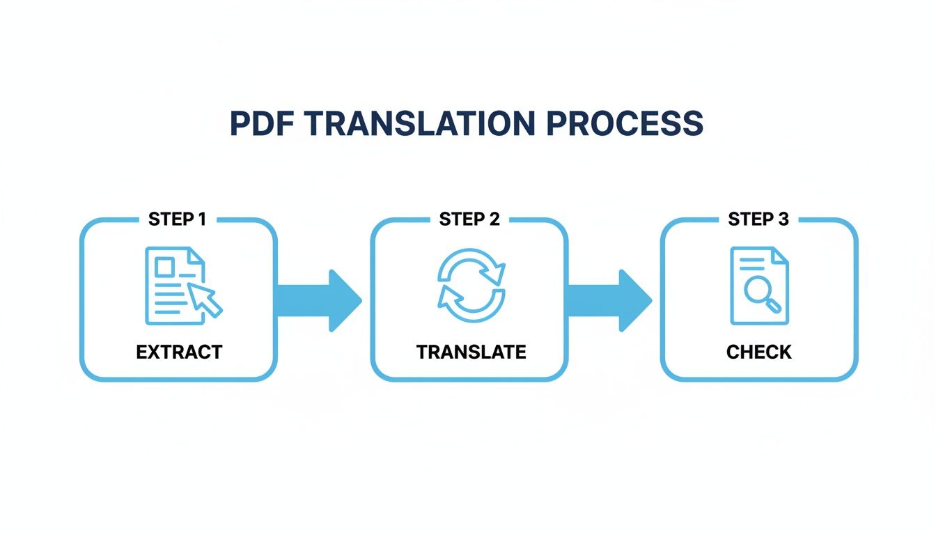 Infográfico mostrando um processo de tradução de PDF de 3 etapas: extrair, traduzir e verificar.