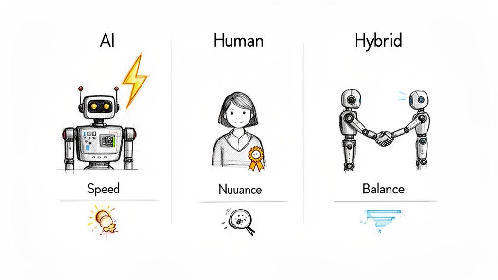 An illustration comparing AI (speed), Human (nuance), and Hybrid (balance) approaches with robots and people.
