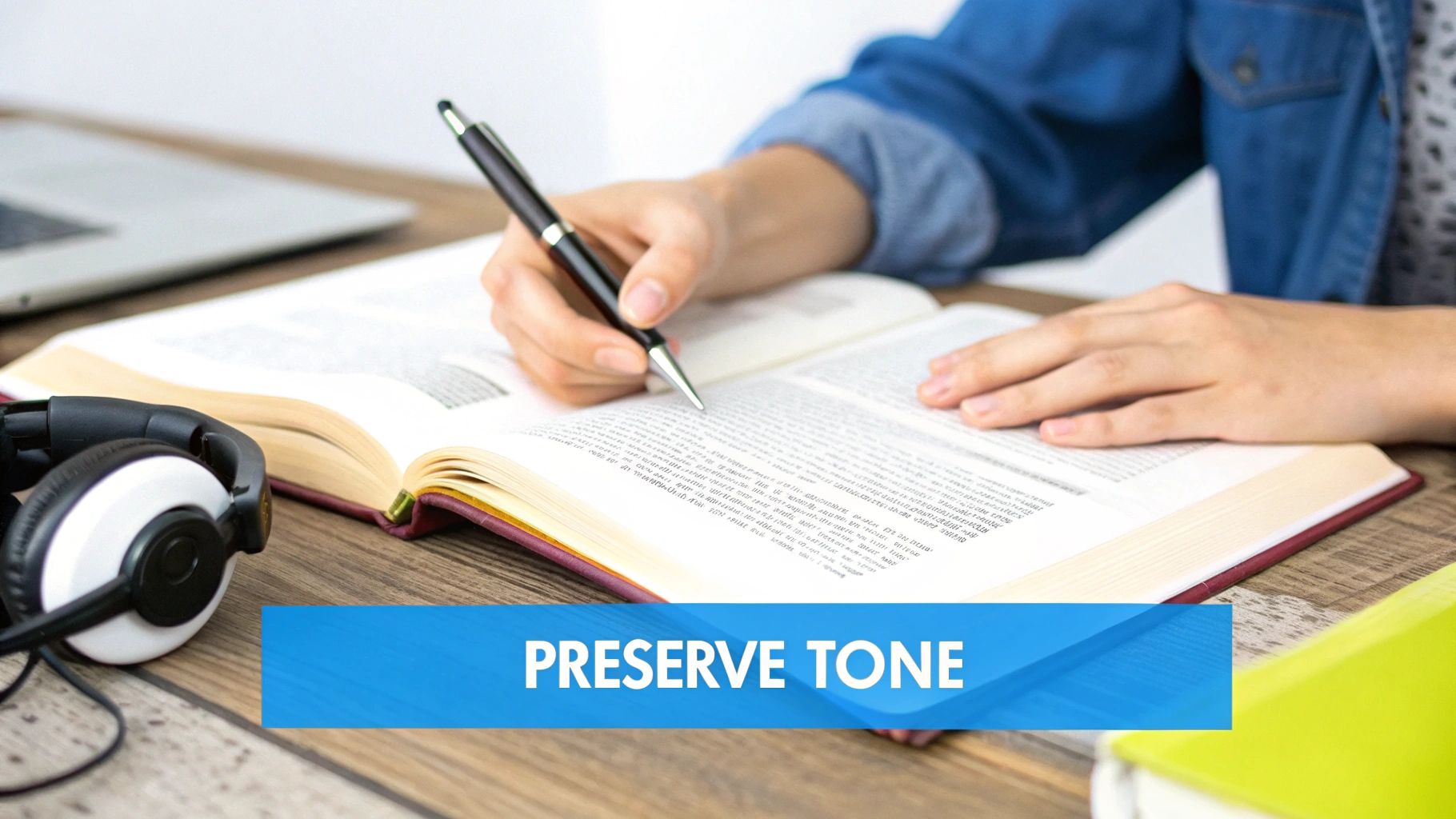 A person writing in an open book with a pen, headphones, and laptop on a wooden desk.