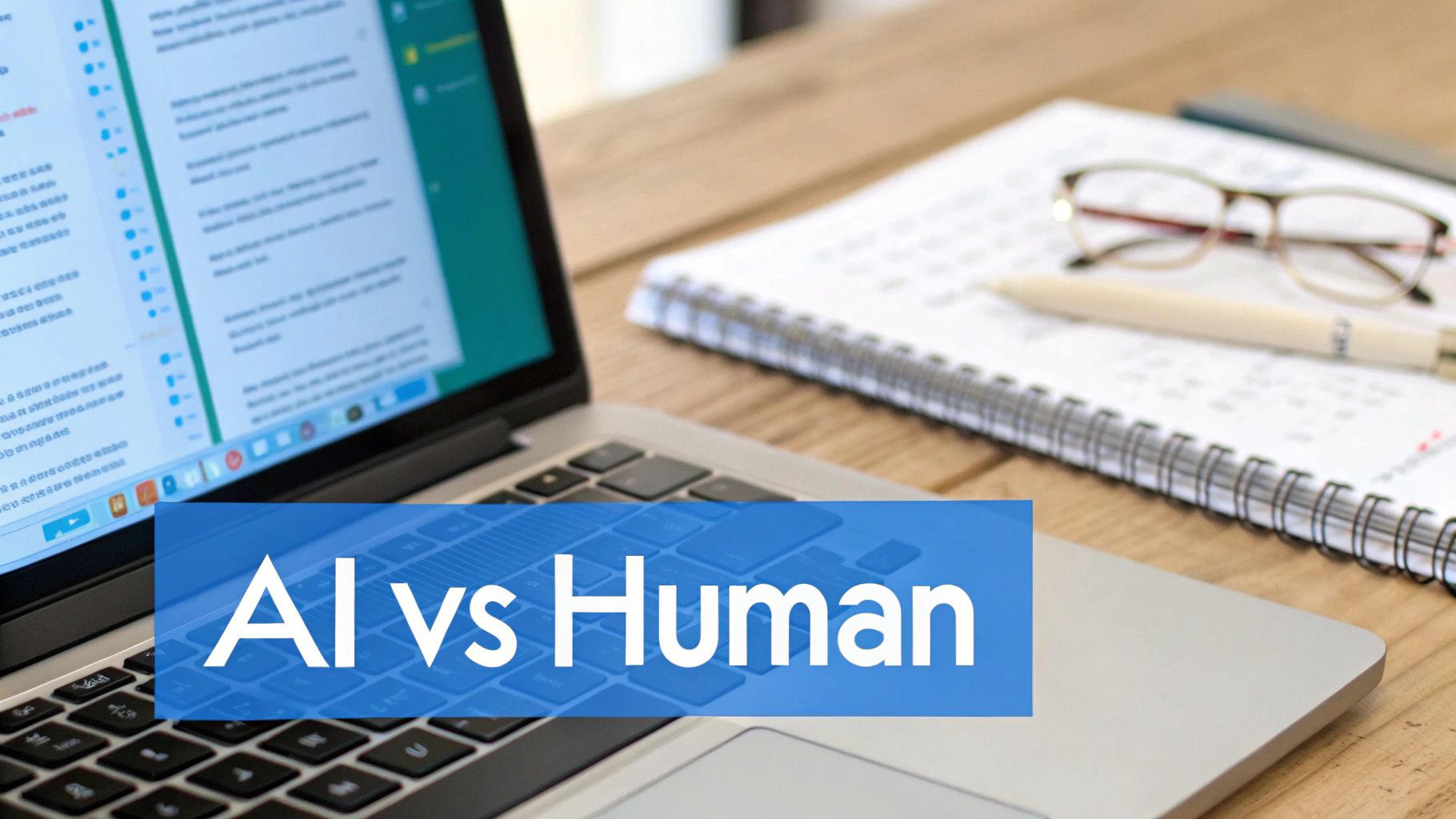 Ein Arbeitsbereich mit Laptop, Notizbuch, Stift und Brille, überlagert mit dem Text „KI vs. Mensch