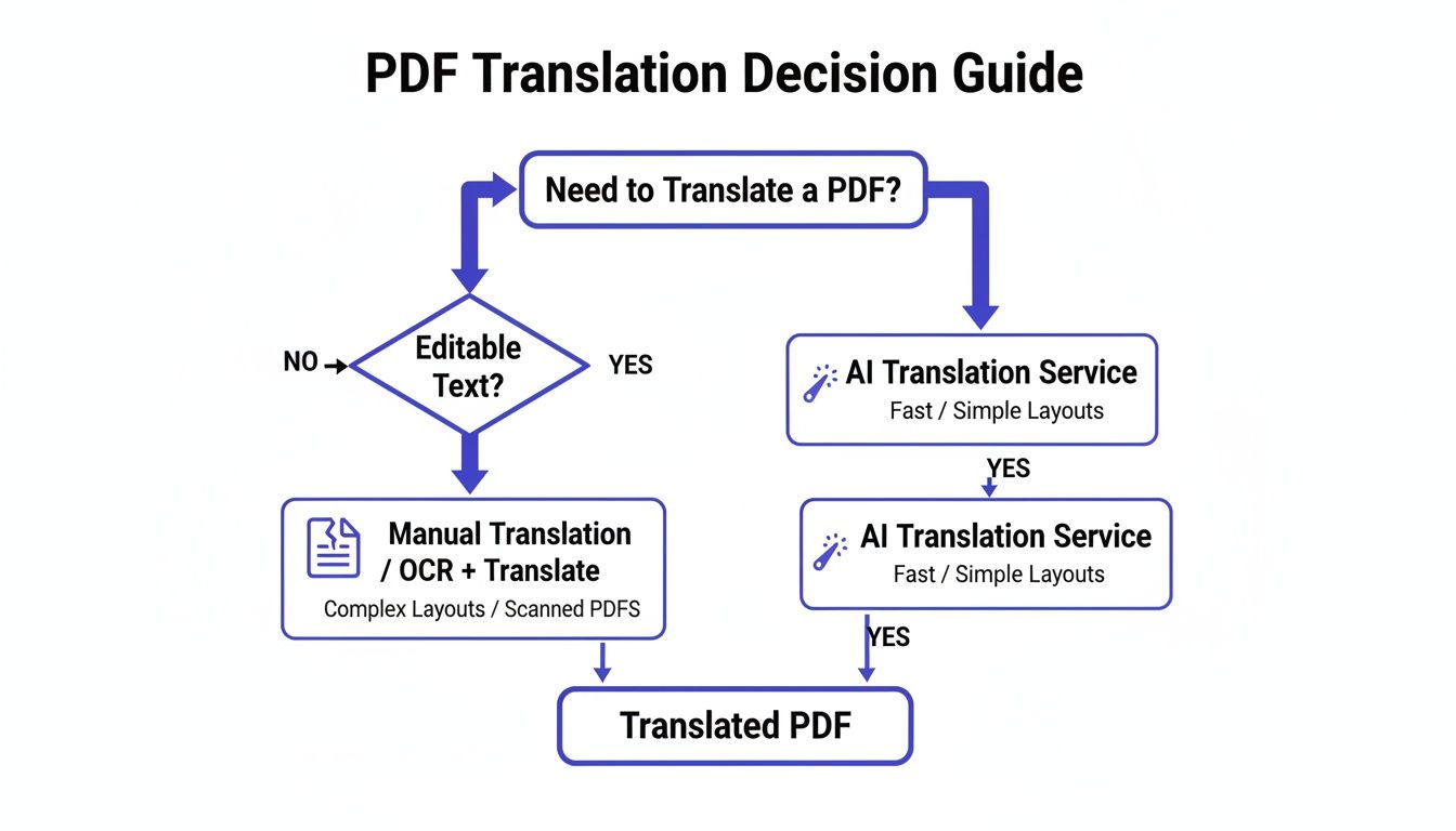 Flowchart detailing PDF translation options: AI for editable text, manual/OCR for non-editable or complex layouts.