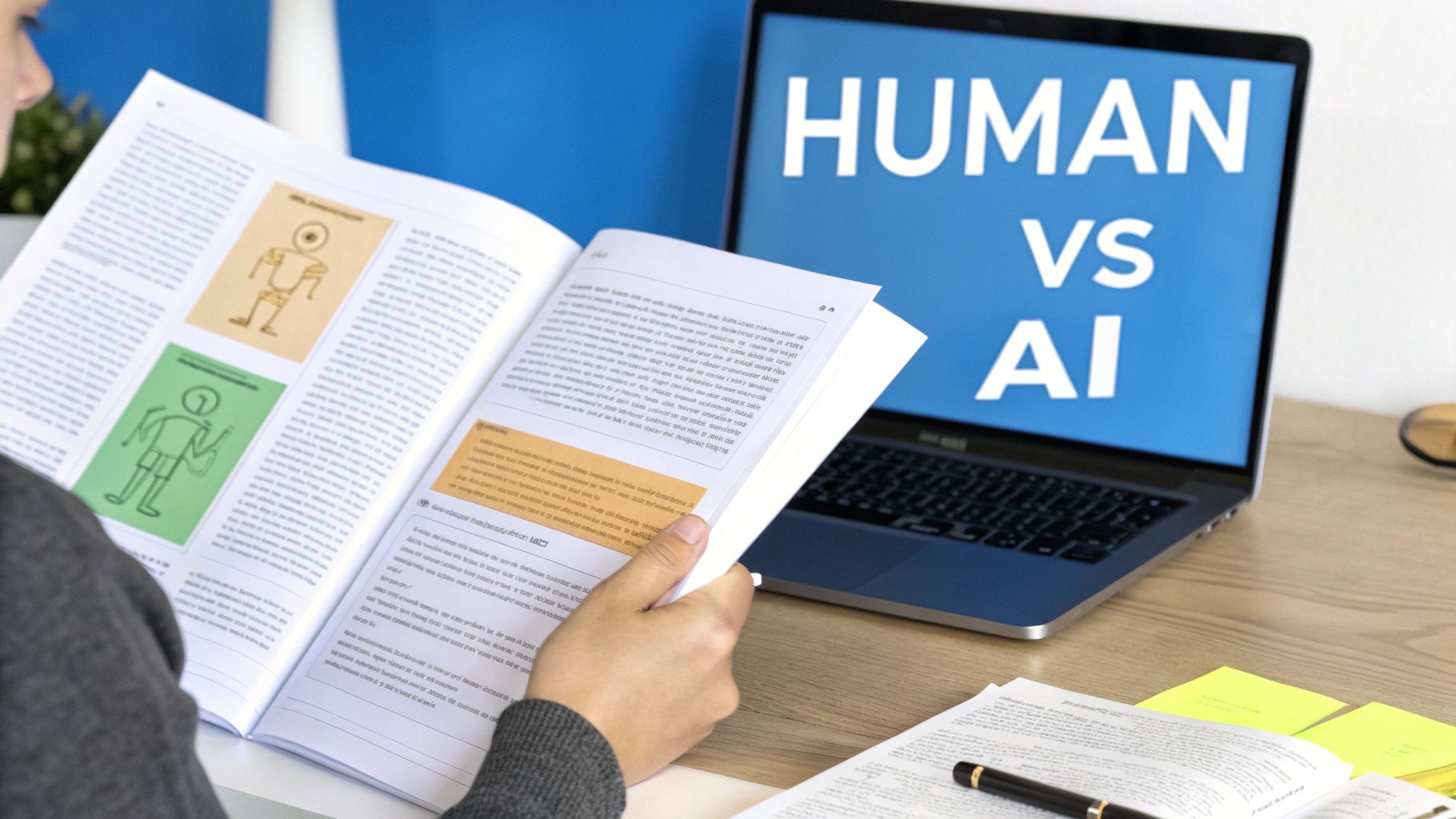 一个人在木质办公桌上阅读一本带有图表的书，笔记本电脑显示