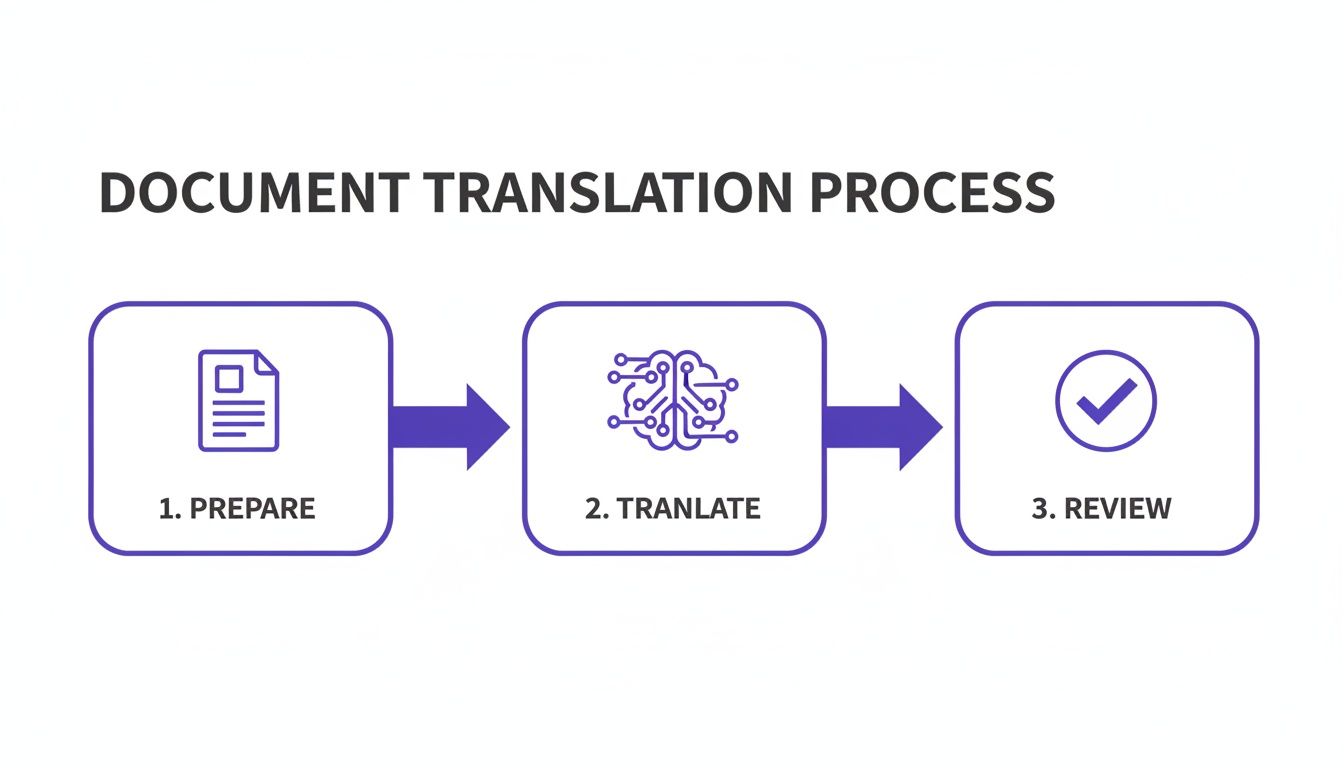 A visual flowchart outlining a three-step document translation process: prepare, translate, and review.