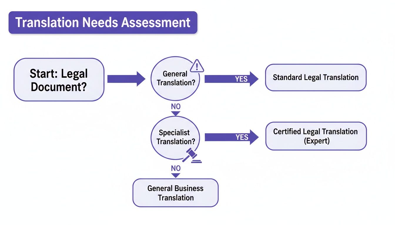 Flowchart outlining the process for assessing legal document translation needs, from general to expert.