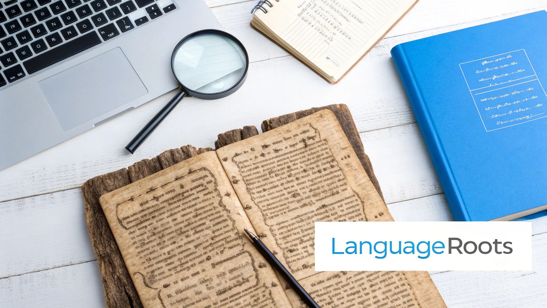 Overhead view of an old open book, a laptop, magnifying glass, and a blue notebook, suggesting language study.