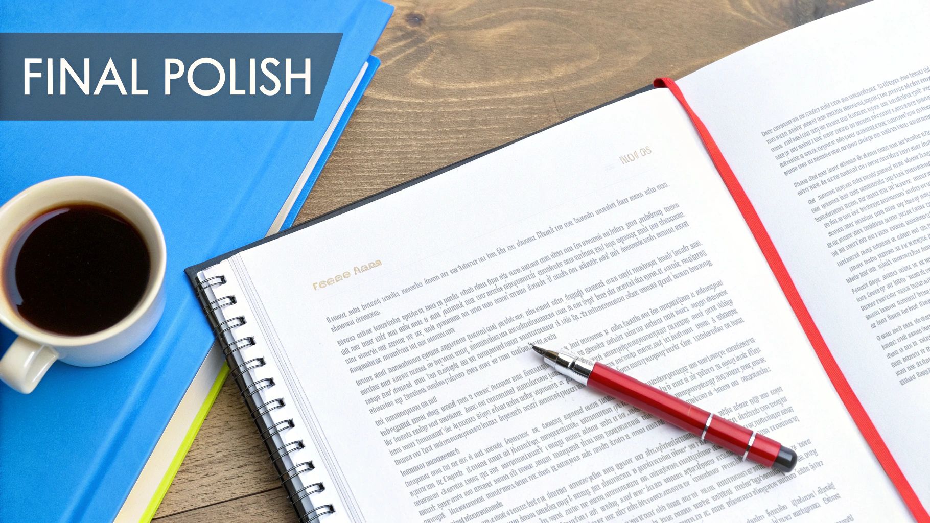 Стол с открытой тетрадью, красной ручкой, чашкой кофе и синими папками, с текстом «FINAL POLISH».