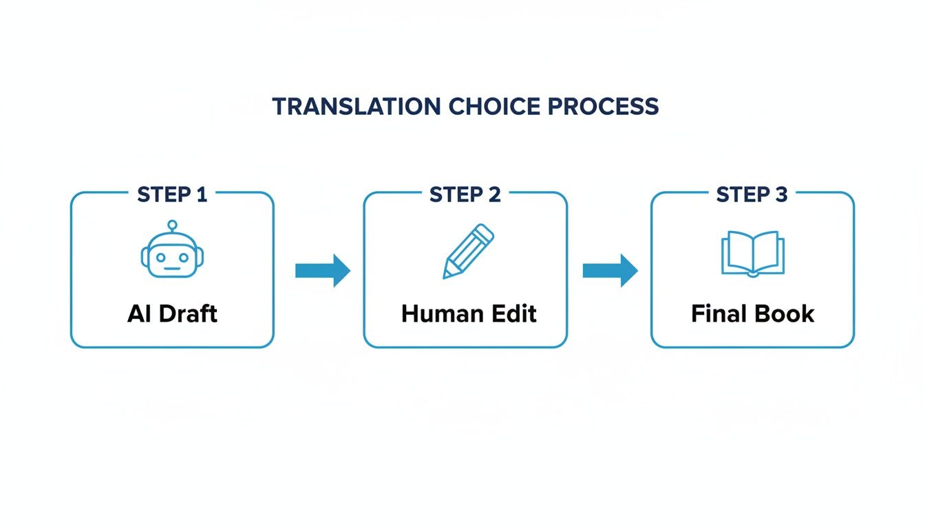 流程图说明了从AI草稿到人工编辑和最终书籍的翻译选择过程。