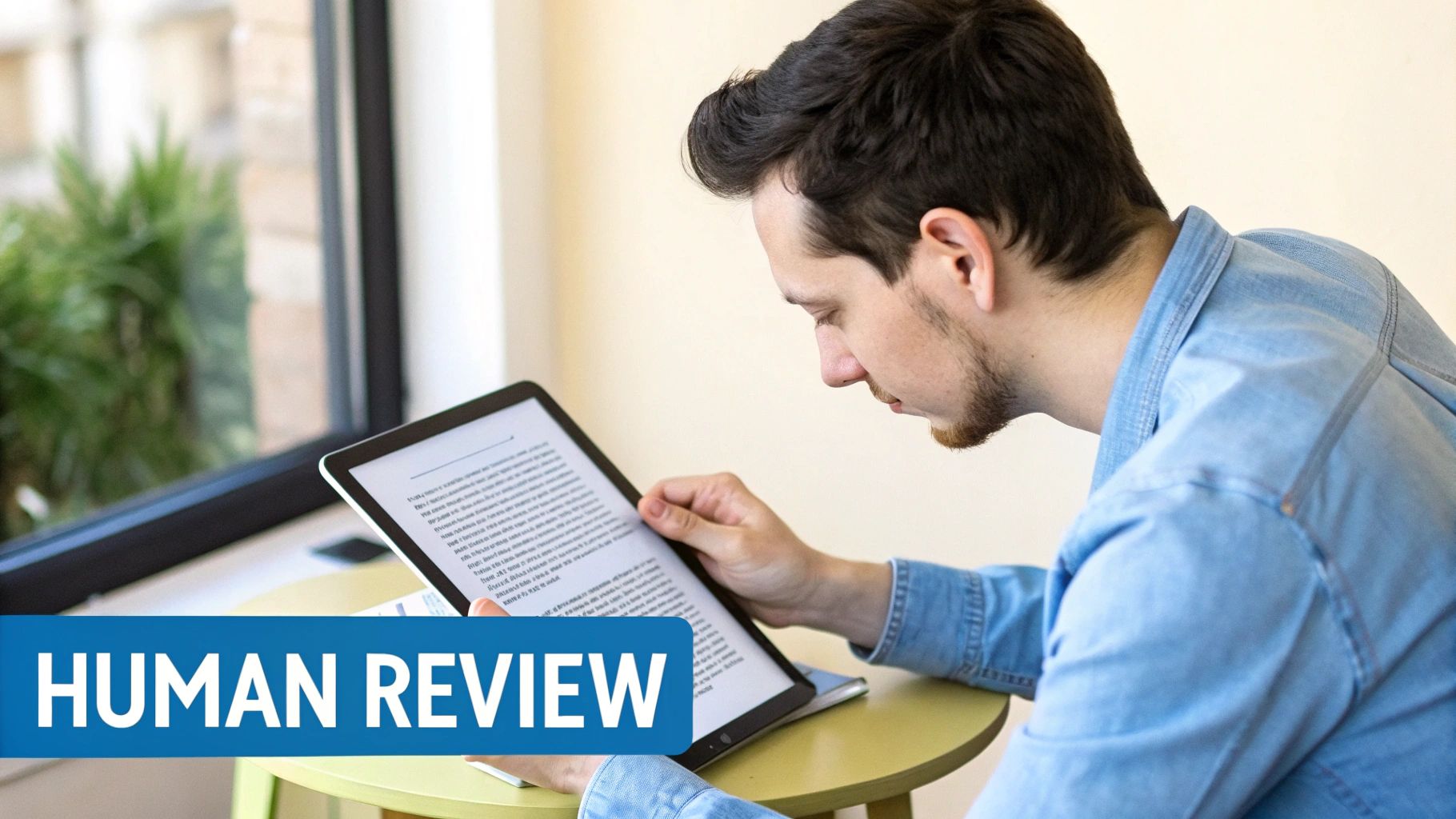 Skoncentrowany młody mężczyzna w koszuli dżinsowej intensywnie czytający ebook na tablecie.