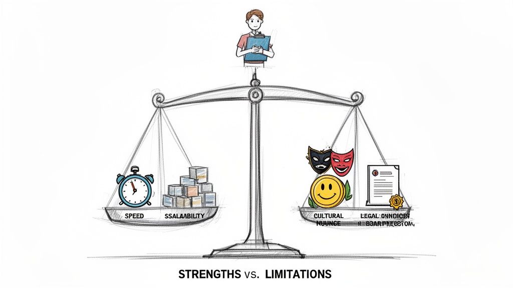 A scale balancing business strengths like speed and scalability against limitations such as cultural nuances and legal constraints.
