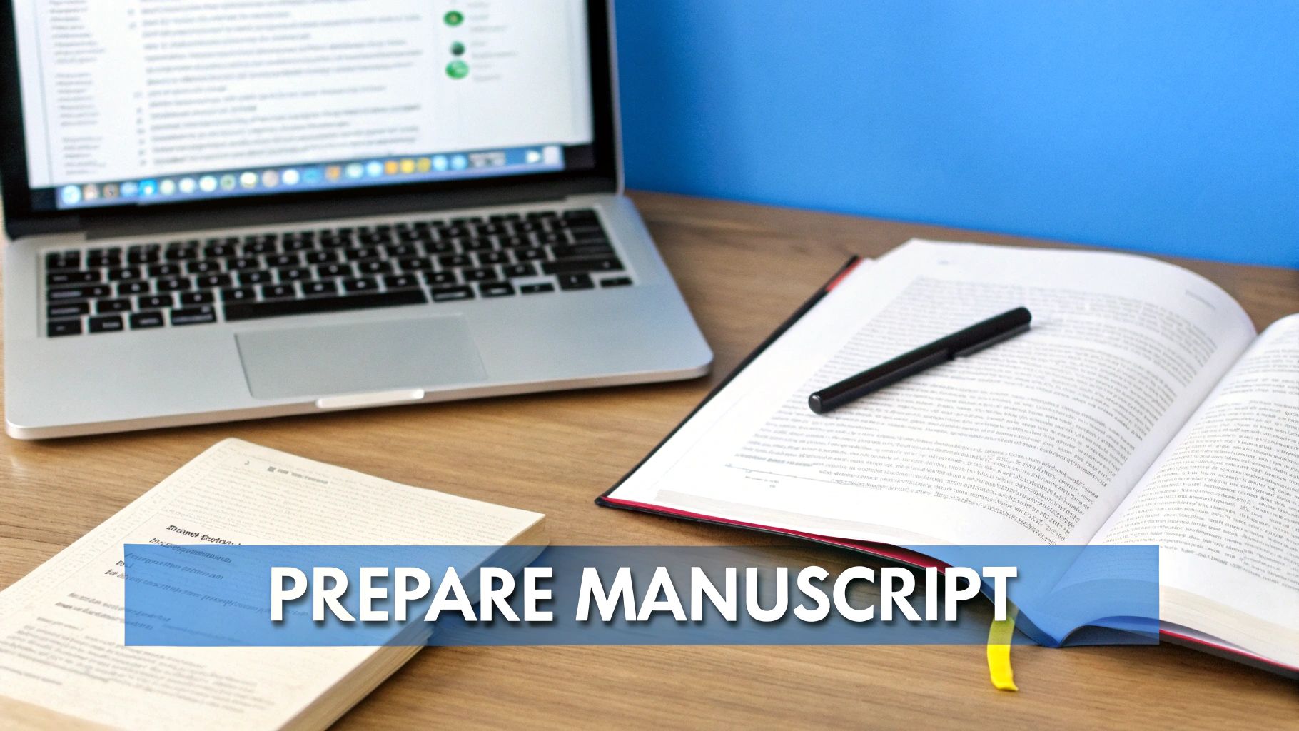 笔记本电脑、一本打开的书和笔,以及桌子上的另一本书,上面有
