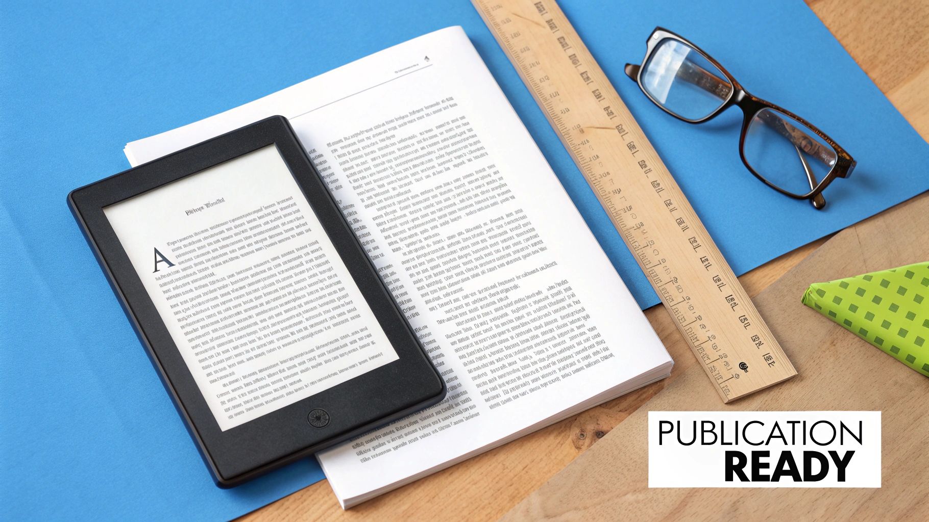 A flat lay showing an e-reader, printed document, ruler, and eyeglasses, with 'PUBLICATION READY' text.
