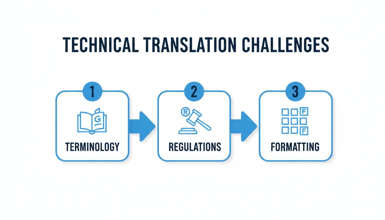 Flowchart outlining the three main challenges in technical translation: terminology, regulations, and formatting.
