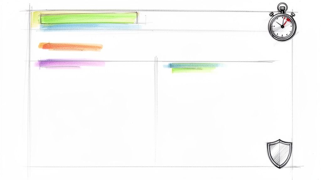 A conceptual sketch featuring colored bars, a stopwatch, and a shield icon on a whiteboard background.