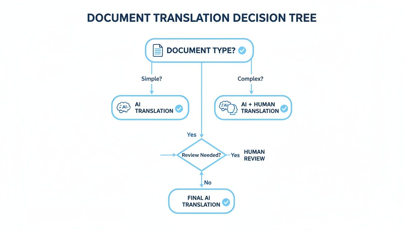 Diagram drzewa decyzyjnego ilustrujący proces tłumaczenia dokumentów, wybierając między kroki sztucznej inteligencji, człowieka i przeglądu.