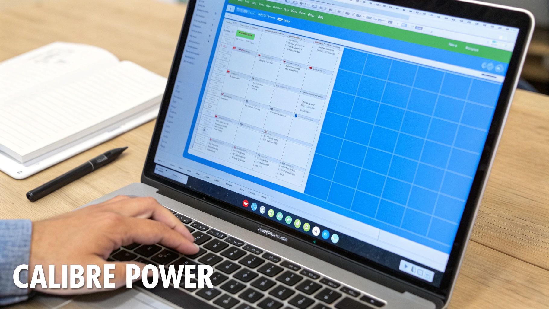 그리드 웹페이지를 표시하는 노트북에서 타이핑하는 손의 클로즈업, 노트북 옆.