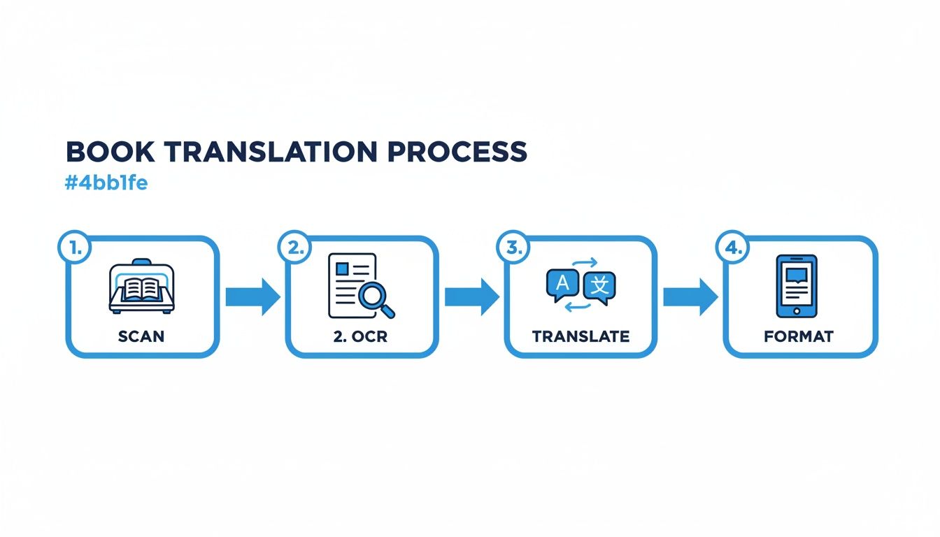 스캔, OCR, 번역 및 포맷의 4단계 도서 번역 프로세스를 보여주는 다이어그램.