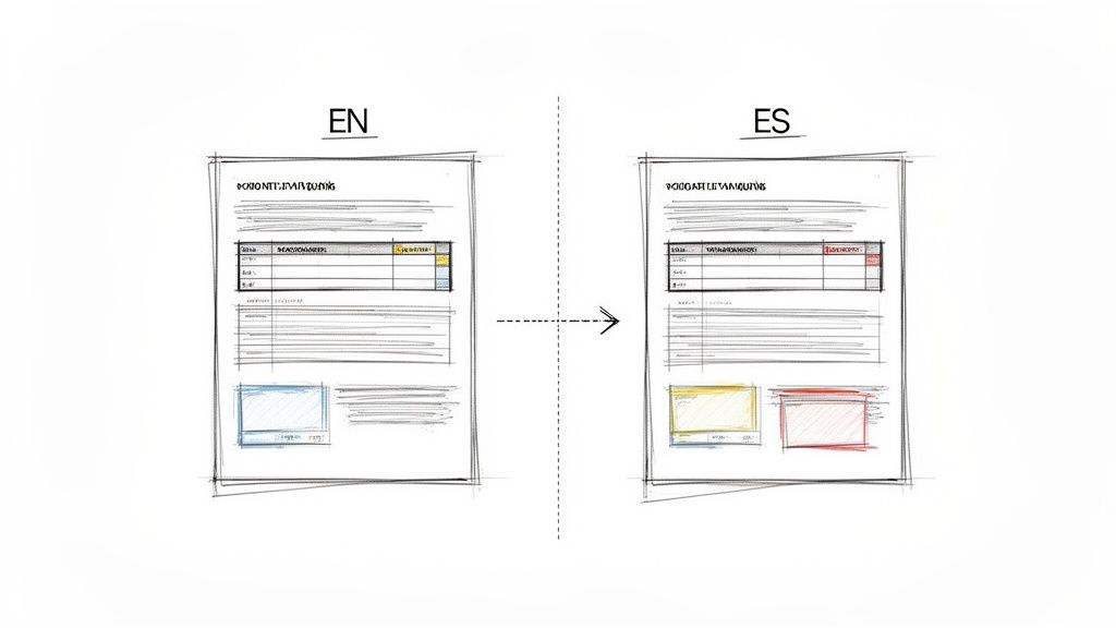 Sketched documents showing English to Spanish translation process, highlighting content and layout changes.