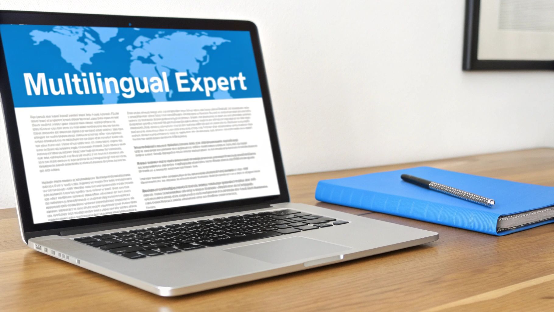 Laptop wyświetlający "Multilingual Expert" z mapą świata obok niebieskiego notatnika i pióra na drewnianym biurku.