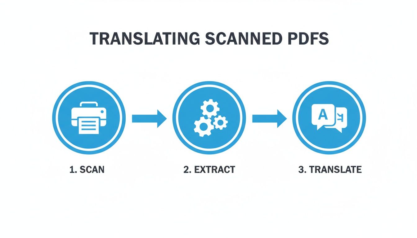 스캔한 PDF를 번역하기 위한 3단계 프로세스(스캔, 추출, 번역)를 보여주는 다이어그램입니다.
