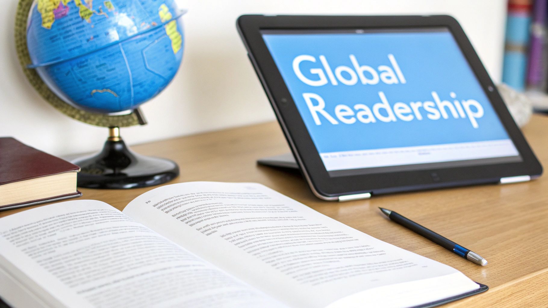 Biurko z globusem, otwartą książką, długopisem i tabletem wyświetlającym "Global Readership".