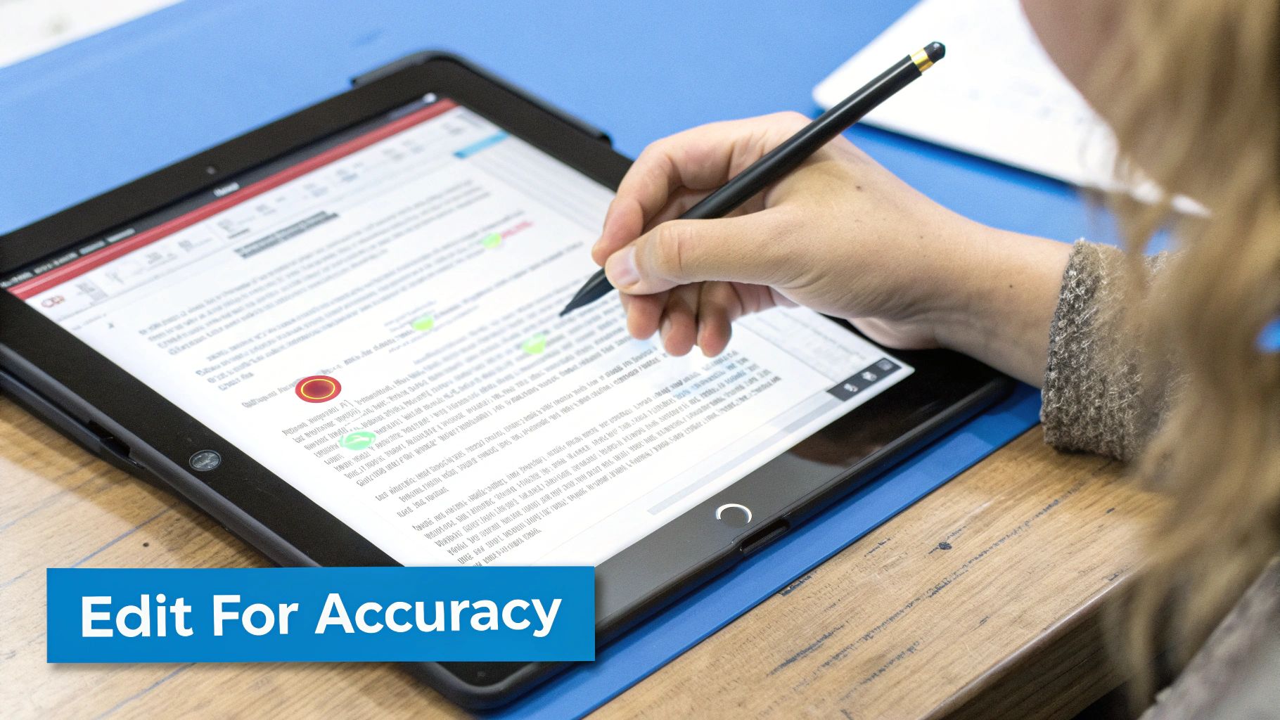 A person uses a stylus pen to edit a document on a tablet, with 'Edit For Accuracy' text.