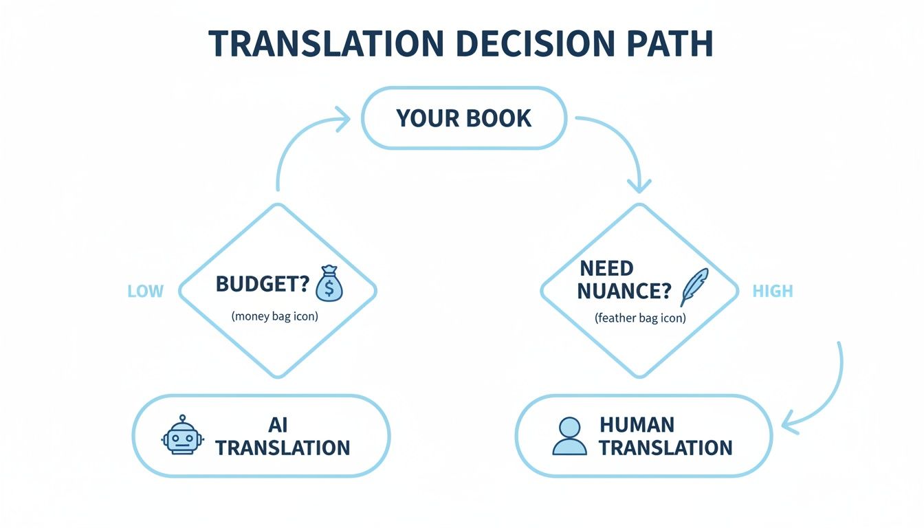 Fluxograma detalhando escolhas de tradução para um livro: IA para orçamento baixo, humano para alta nuance.