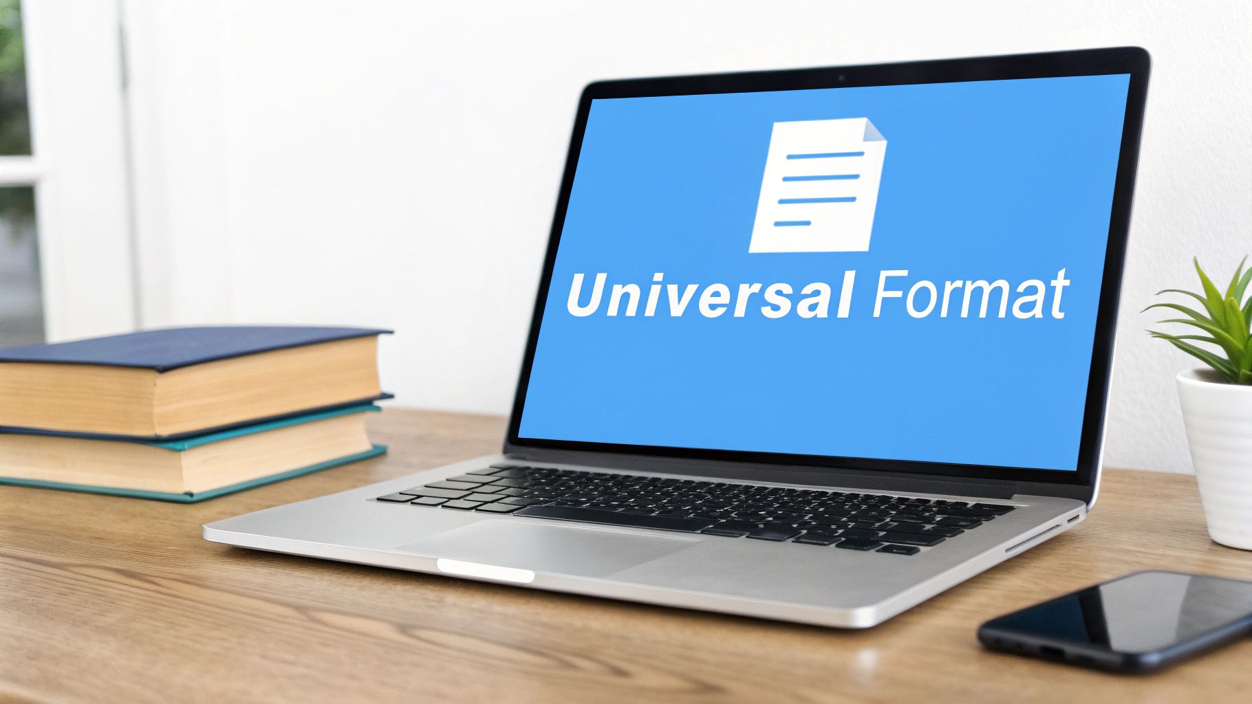 'Universal Format' 텍스트와 문서 아이콘이 표시된 노트북, 책 및 식물 옆에 있습니다.