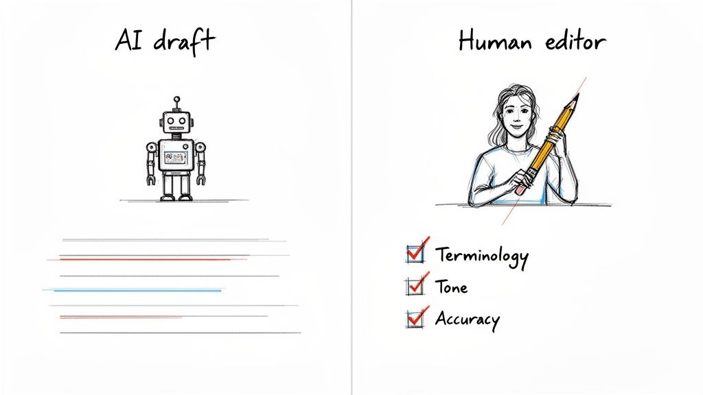 Um robô e texto gerado por IA contrastando com um editor humano corrigindo terminologia, tom e precisão.